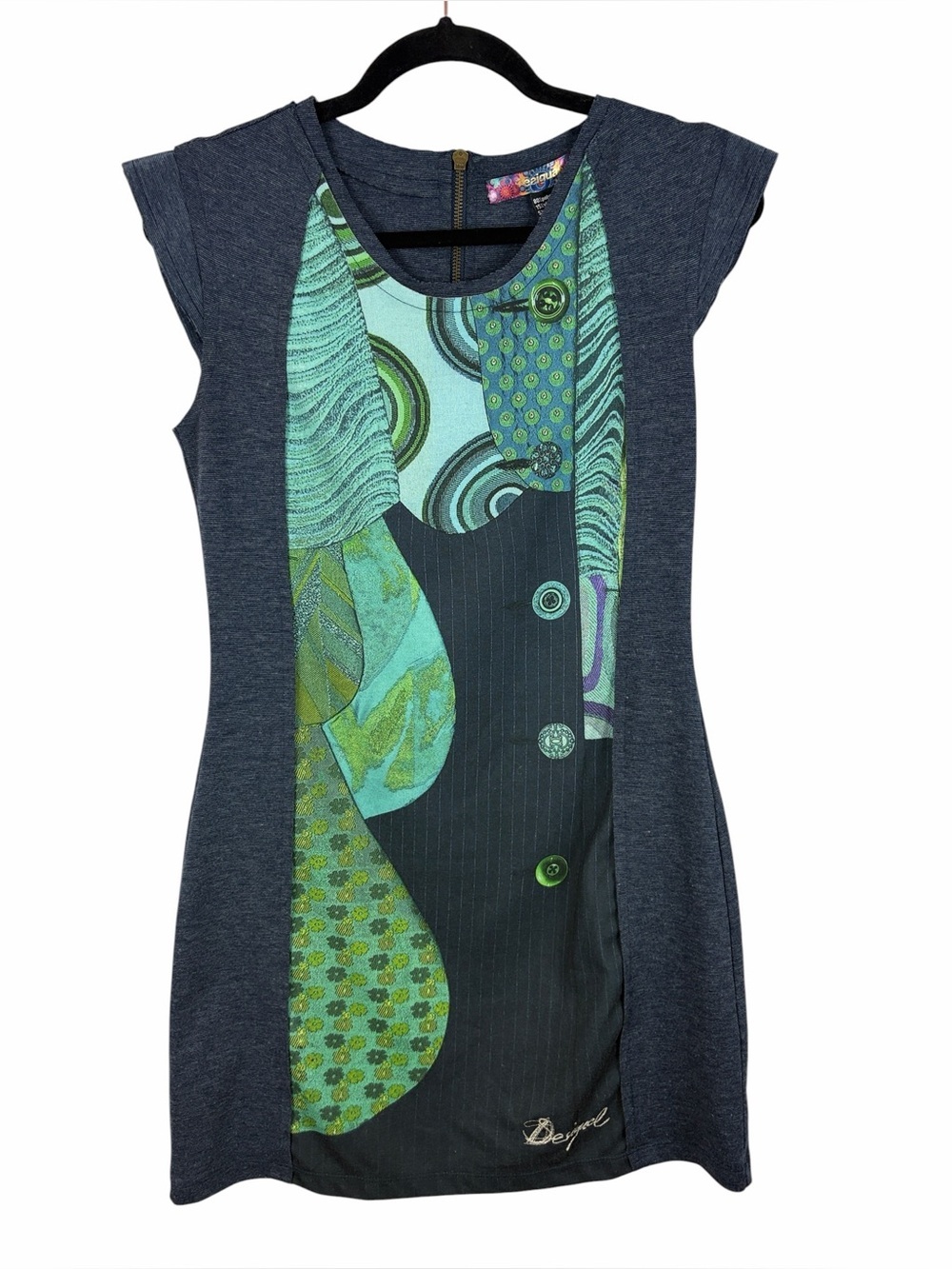 Desigual Patchwork Print Dress Small Artsy Fit & Flare Blue Green Geometric